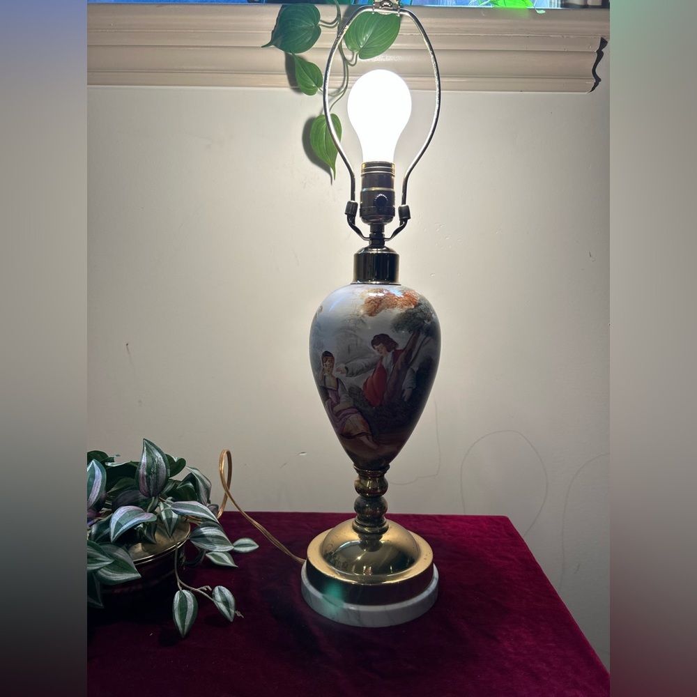 Vintage Italian Porcelain Table Lamp with hand Painted romantic Scene
